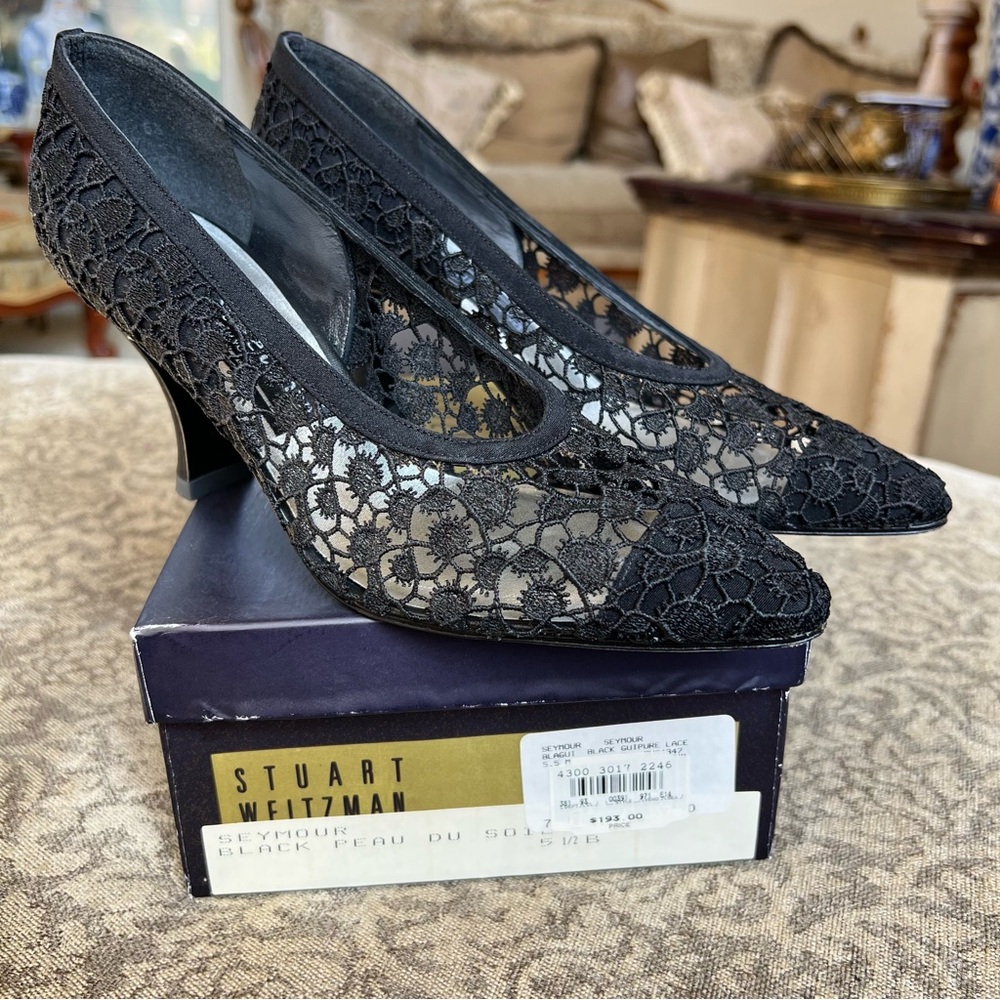 Vintage Stuart Weitzman Seymour Black Lace Stiletto Pumps Heels Shoes Size 5.5